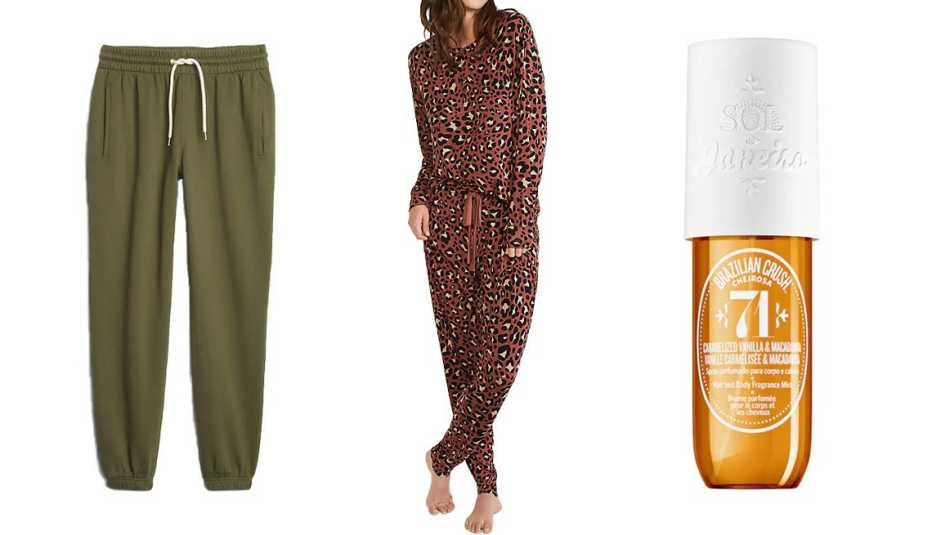 Gap Vintage Soft Classic Joggers in olive green; Ann Taylor Cheetah Print Pajamas in russet brown; Sol de Janeiro Cheirosa ’71 Body Mist
