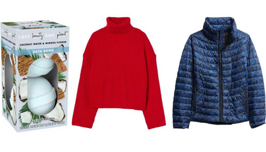 Love Beauty & Planet Coconut Water & Mimosa Flower Fizzing Freshness Bath Bombs; H&M Conscious Ribbed Turtleneck Sweater in red; Gap Upcycled Lightweight Puffer Jacket in blue cheetah print