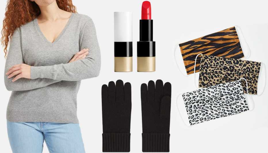 Everlane Cashmere V-Neck in heather grey; Hermès Rouge Hermes Satin Lipstick in rouge casaque; Uniqlo Cashmere Knitted Gloves in 09 black; Loft Face Masks