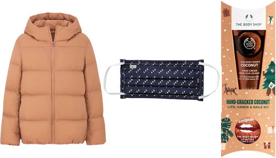 Uniqlo Women Ultra Light Down Cocoon Parka in 30 natural; L.L. Bean Adults Bandana Protective Face Cover in darkest navy birdseye; The Body Shop Hand-Cracked Coconut Lips, Hands & Nails Kit