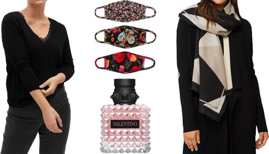 Violeta by Mango Lace Detail Sweater in black; ASTR the Label Floral Face Masks; Soia and Kyo Ashlyn Woven Color Blocked Scarf in fawn; Valentino Donna Born in Roma Eau de Parfum Spray