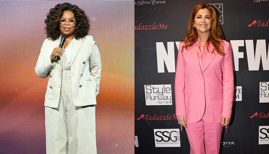 Oprah Winfrey in a white pantsuit and Kathy Ireland in a pink pantsuit