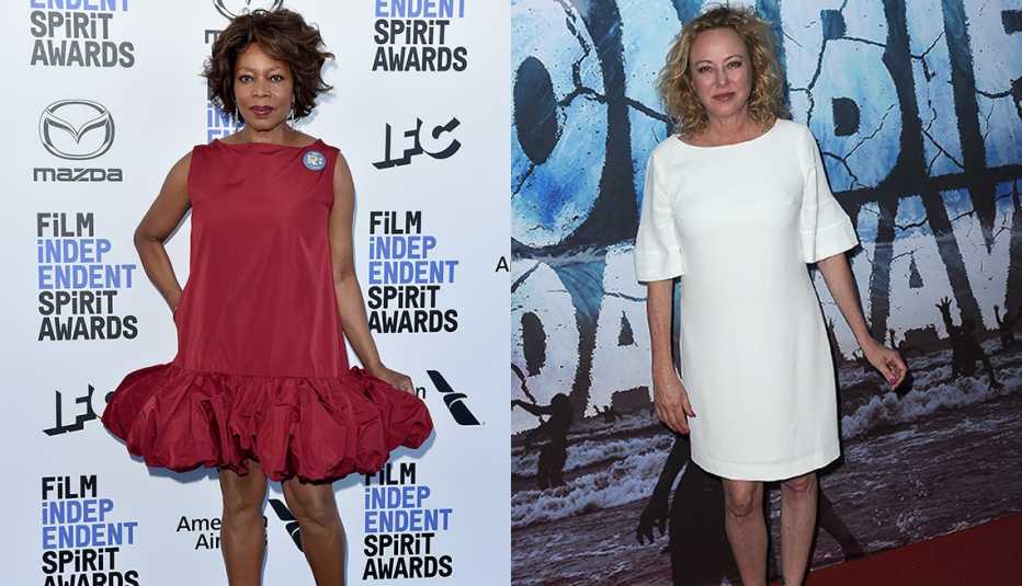 Alfre Woodard wearing a red dress and Virginia Madsen in a white dress