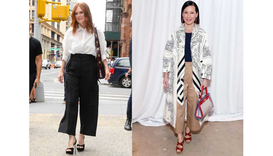 Julianne Moore walking in New York City and Lucy Liu attends the Tory Burch Fall Winter 2020 Fashion Show