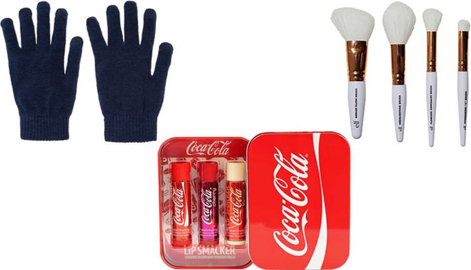 Wild Fable Women's Tech Touch Magic Gloves; e.l.f. Rose Gold Travel Brush Kit; Lip Smacker Coca-Cola Lip Balm Tin