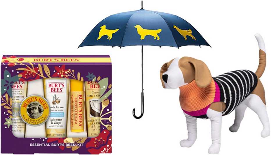Burt’s Bees Essentials Kit; Choose Your Dog Breed Umbrella; Boots & Barkley Holiday Dog and Cat Striped Sweater