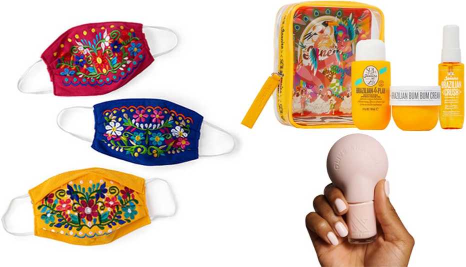 Chiapas Flores Face Mask in yellow, red or blue; Sol de Janeiro Carnaval Flight Set; Olive & June The Poppy Manicure Tool