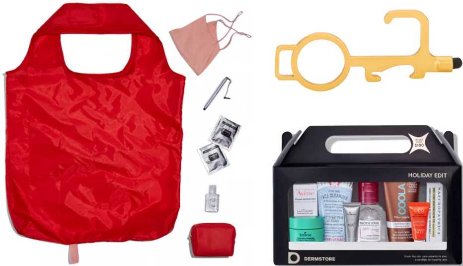 Pinch Provisions Errand Kit; Olivia Miller No-Touch Door Opener in gold; Dermstore Holiday Box
