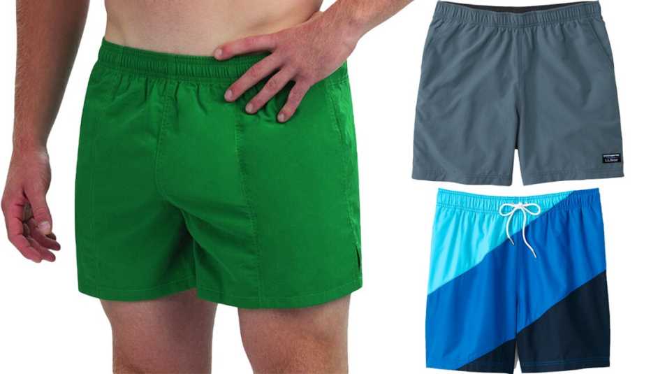 Kohls Mens Dolfin Solid 5 Inch Swim Trunks in Green L L Bean Mens Classic Supplex Sports Shorts 6 Inch in Iron Blue Lands End Mens 6 Inch Color Block Volley Swim Trunks in Blue Triple Color Block