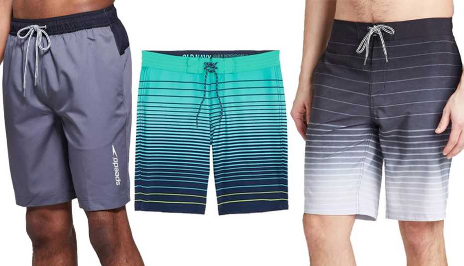 Speedo Mens 9 Inch Marina Long Volley Swim Trunks in Gray Old Navy Patterned Built In Flex Board Shorts for Men 10 Inch in Teal Stripe Goodfellow and Co Mens 10 Inch Afterburner Swim Board Shorts in Black 