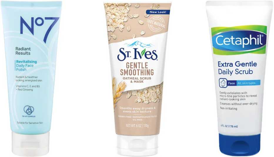 No7 Radiant Results Revitalizing Daily Face Polish; St. Ives Gentle Smoothing Oatmeal Scrub & Mask; Cetaphil Extra Gentle Daily Scrub