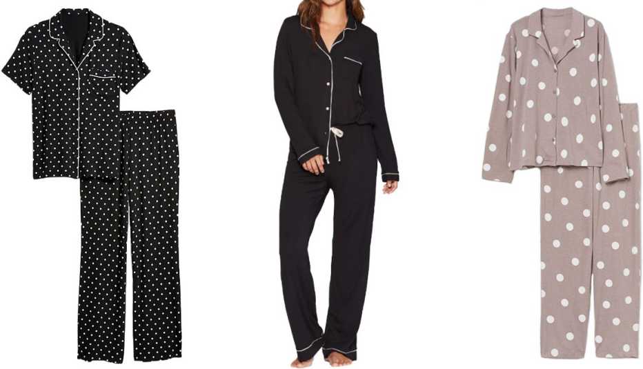 Old Navy Jersey Pajama Set for Women in black dots; Stars Above Beautifully Soft Notch Collar Top and Pants Pajama Set in black; H&M Pajama Shirt and Pants in dusky pink/dotted