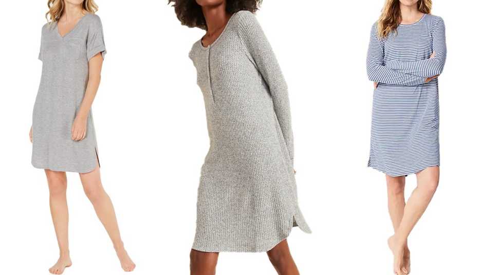 Alfani Ultra Soft Ribbed Knit Sleepshirt Nightgown in heather grey; Old Navy Cozy Thermal-Knit Henley Nightgown for Women in gray marl; J. Jill Sleep Ultrasoft Shirttail Gown in dusk blue/cream