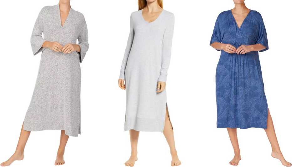 Donna Karan Side Slit Sleep Caftan in gray heather; Papinelle Feather Soft Nightgown in grey; Lauren Ralph Lauren Printed Caftan Nightgown in blue/novel