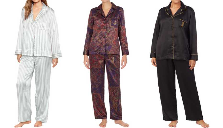 Victoria's Secret Satin Long PJ Set; Lauren Ralph Lauren Luxurious Satin Pajama Set in multpais; Lauren Ralph Lauren Plus Size Luxurious Satin Pajama Set in black