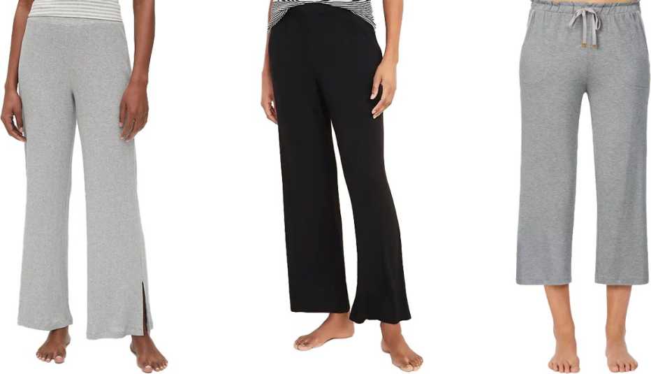 Gap Ribbed Pants in Modal in heather grey; Old Navy Straight Jersey-Knit Pajama Pants for Women in black jack; Kate Spade New York Cropped Pajama Pants in gray heather