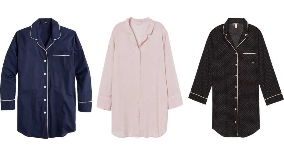 J.Crew Nightshirt in End-on-End Cotton in navy; H&M Patterned Nightshirt in powder pink/dotted; Victoria's Secret Cotton Piped Sleepshirt in black/orchid mini dot