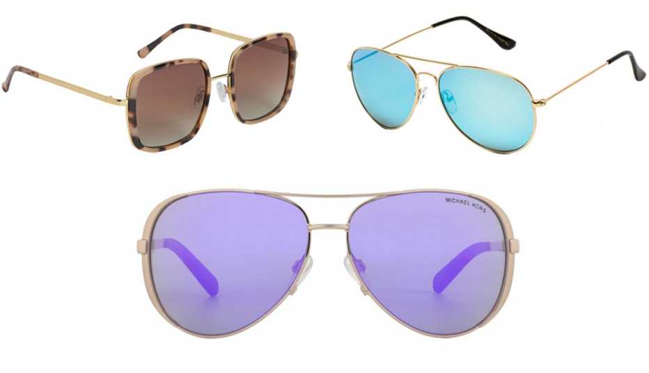 H and M Polarized Womens Sunglasses in Gold colored Patterned Wear Me Pro Aviator Full Mirror Silver Sunglasses in Gold Frame Mirror Blue Lenses Michael Kors MK5004 in Rose Gold Purple Mirror Lens
