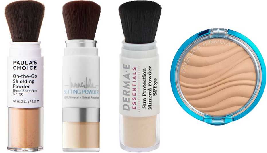 Paulas Choice On The Go Shielding Powder S P F 30 Supergoop Invincible Setting Powder S P F 45 Derma E Sun Protection Mineral Powder S P F 30 Physicians Formula Mineral Wear Talc Free Mineral Airbrushing Pressed Powder S P F 30