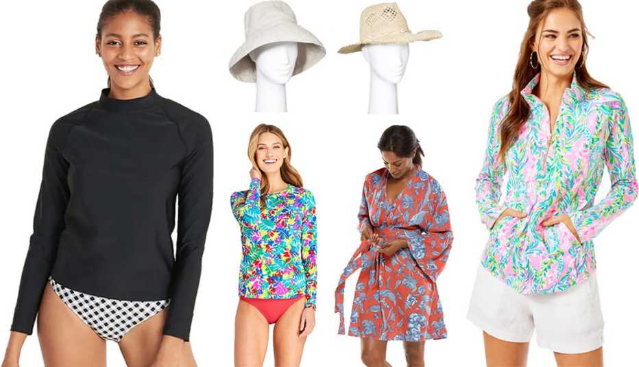 Old Navy Mock Neck Rashguard Long Sleeve Swim Top for Women in Ebony U P F 40 A New Day Womens Bucket Hat in Tan Universal Thread Womens Straw Rancher Hat Lilly Pulitzer Skipper Popover Coolibar Womens Navia Cover-up U P F 50 plus Lands End Womens Crew
