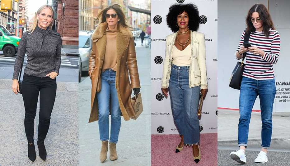 Cheryl Hines wearing black jeans and gray top Cindy Crawford wearing blue jeans with a brown top and jacket Tracee Ellis Ross wearing wide blue jeans and Courteney Cox wearing blue jeans with the cuffs turned up