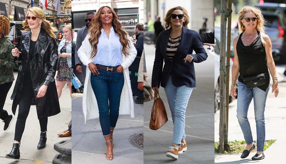 Laura Dern wearing black jeans with a black leather trench coat Cynthia Bailey wearing blue jeans with a white button down shirt and white coat Kim Cattrall wearing light blue jeans with a blue sports jacket and Goldie Hawn wearing light blue jeans