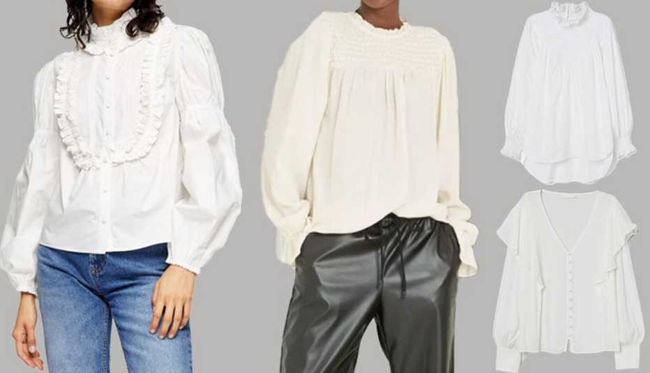 Topshop White Victoriana Puff Sleeve Top; A New Day Women’s Long Sleeve Smocked Blouse; H&M Embroidered-Detail Blouse; H&M Flounce-Trimmed Blouse