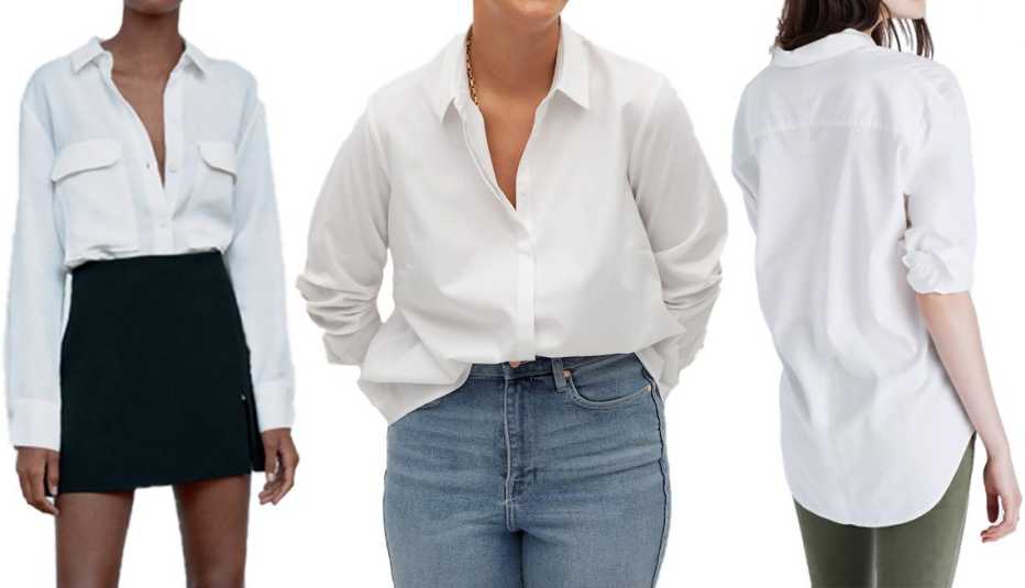 Zara Flowy Blouse with Pockets In Oyster White; Violeta by Mango Plus-Size Oxford Shirt in White; Madewell Drapey Oversized Boyshirt in Pure White