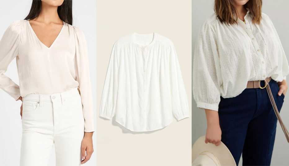 Banana Republic Soft Satin Puff-Sleeve Top in White; Old Navy Oversized Textured Clip-Dot Button-Down Blouse for Women in Calla Lily White; Anthropologie The Tavi Buttondown in Ivory