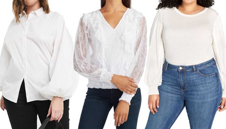Asos Design Curve Long Volume Sleeve Shirt in Cotton; Express Lace Ruffle Front V-Neck Top; Modcloth Beyond Basic Long Sleeve Top