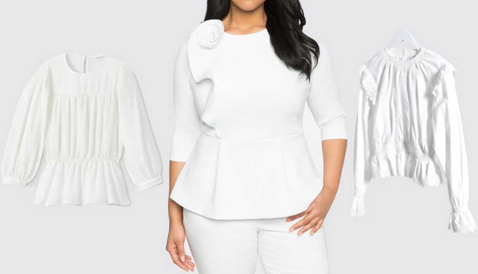 Prologue Women’s Bishop Long Sleeve Shirred Waist Top; Eloquii Rosette Ruffle Peplum Top in White; Topshop at Asos Shirred Embroidered Blouse in White