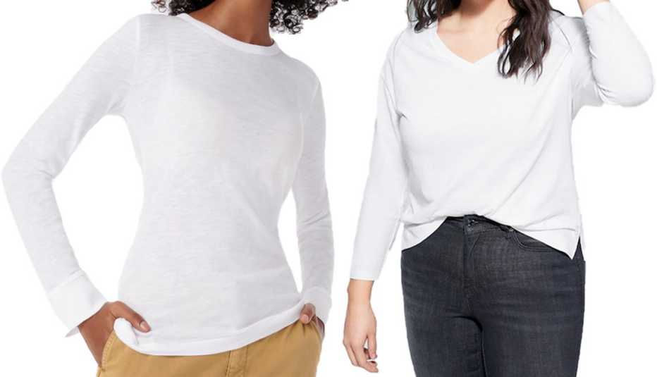 J. Crew Vintage Cotton Crewneck Long-Sleeve T-Shirt and Violeta by Mango Committed Organic Cotton T-Shirt in White