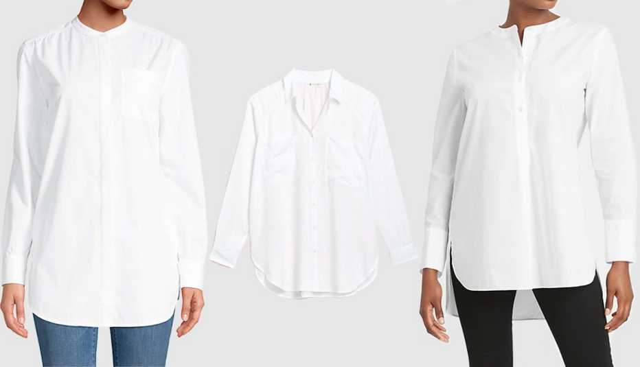 Lands’ End Women's Cotton A-Line Long Sleeve Tunic Top; Lou & Grey Fluid Twill Pocket Tunic Shirt; Banana Republic Poplin Tunic