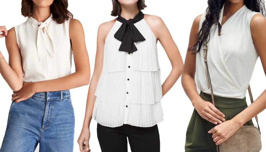 Ann Taylor Mixed Media Tie-Neck Shell in Winter White; White House Black Market Bow-Neck Pleated Blouse in Ecru; Banana Republic Wrap-Effect Top in Cream