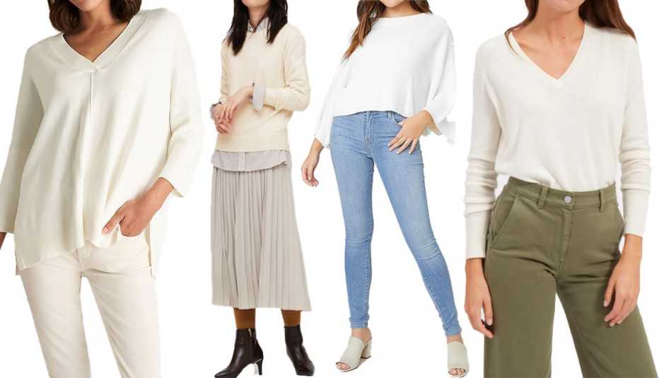 Ann Taylor Easy V-Neck Sweater in Winter White; Uniqlo Women Cashmere Crew Neck Sweater in 01 Off White; BB Dakota for Express Long Sleeve Oversized Pullover Knit Sweater in Ivory; Everlane The Cashmere V-Neck in Ivory