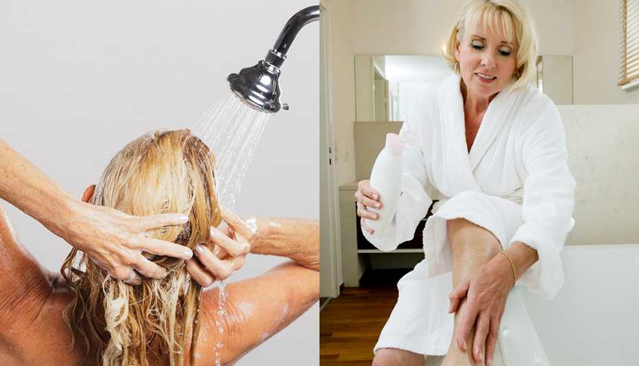 A side by side image of a woman washing her hair in the shower and another woman applying body lotion to her leg