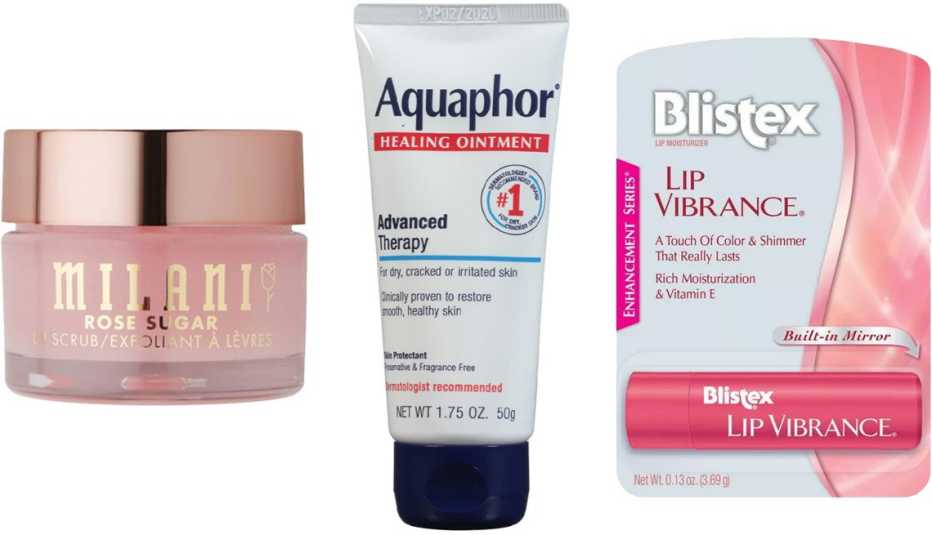 Milani Rose Sugar Lip Scrub; Aquaphor Healing Ointment; Blistex Lip Vibrance Lip Balm
