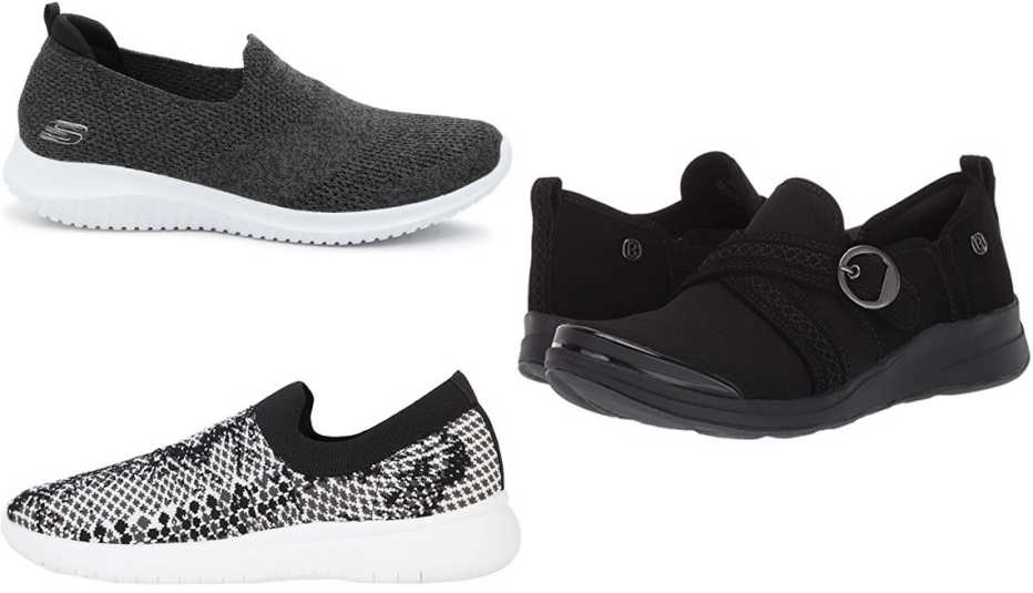 Skechers Ultra-Flex Harmonious Slip-On Sneaker Women’s in black/charcoal; Bzees Indigo in Black CloudLite Mesh; Blondo Karen Waterproof Knit Sneaker in Black/White Knit