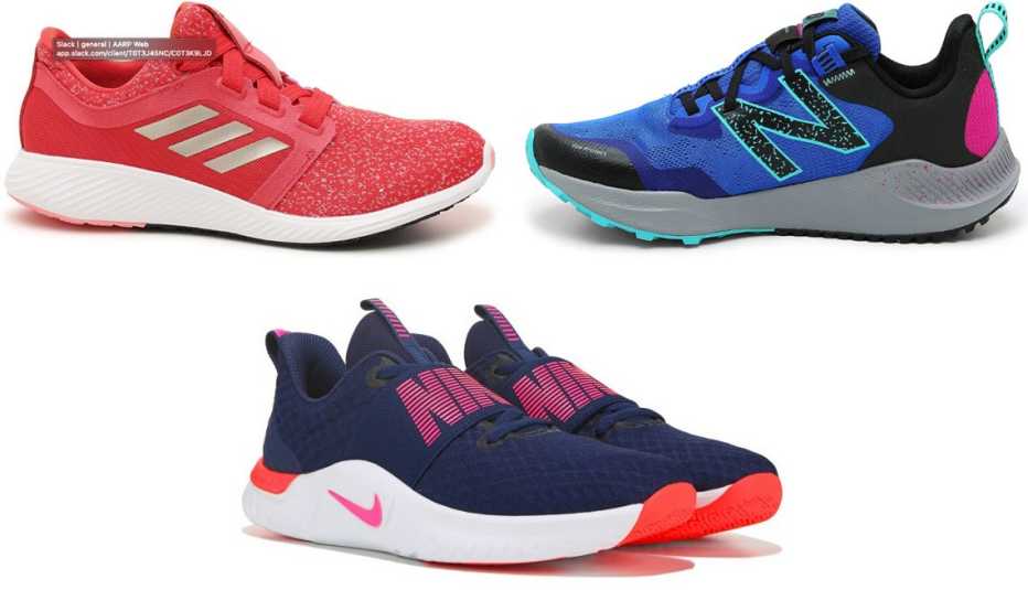 Adidas Edge Lux 3 Lightweight Running Shoe-Women’s in red; New Balance Nitrel V4 Trail Running Shoe; Nike Women’s In Season 9 Training Shoe in navy/pink