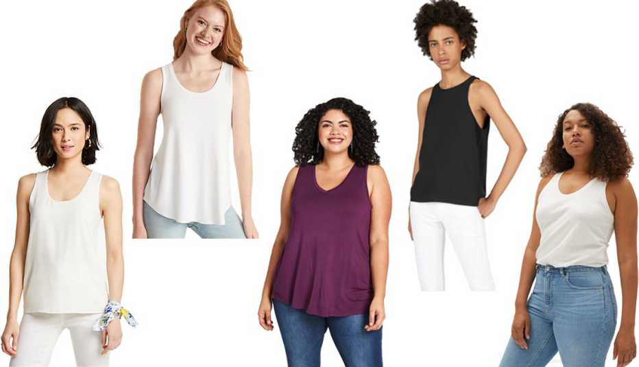Ann Taylor Mixed Jersey Tank in Winter White Old Navy Luxe Scoop Neck Tank for Women in Calla Lily White ModCloth Endless Possibilities Tank in Plum Everlane The Japanese GoWeave High Neck Tank in Black Everlane The ReCotton Racerback Tank in Off White