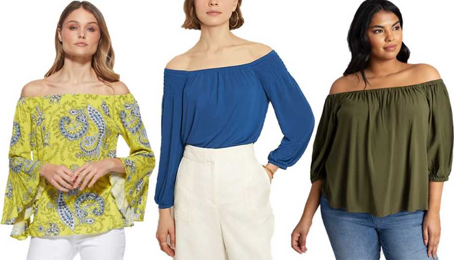 Scoop Womens Printed Off The Shoulder Top in Yellow Paisley Ann Taylor Matte Jersey Smocked Off the Shoulder Top in Blue Majesty Eloquii Off the Shoulder Top in Best Frond