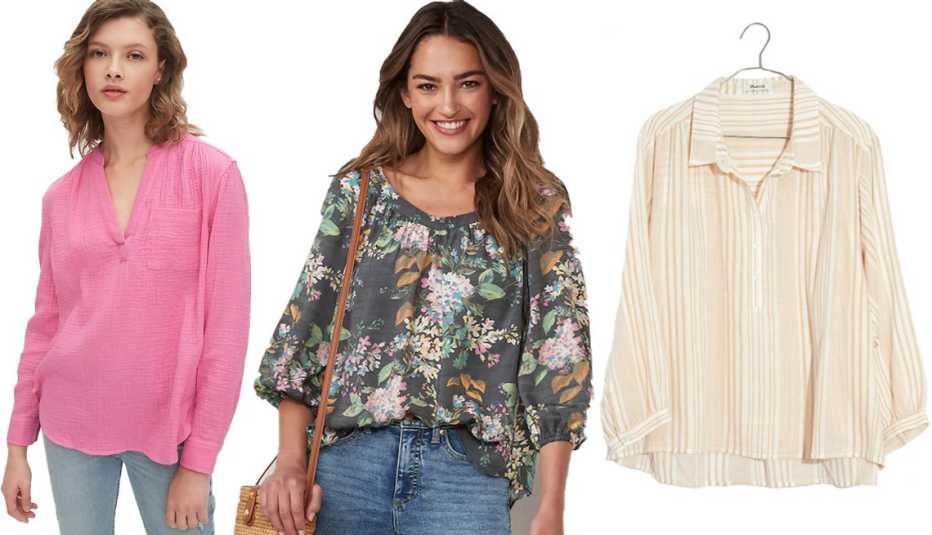 Gap Gauzy Popover Shirt in Cotton in Pink Orchid Womens L C Lauren Conrad Banded Neck Peasant Top in Floral Belles Black Madewell Striped Gauze Drop Shoulder Popover Top