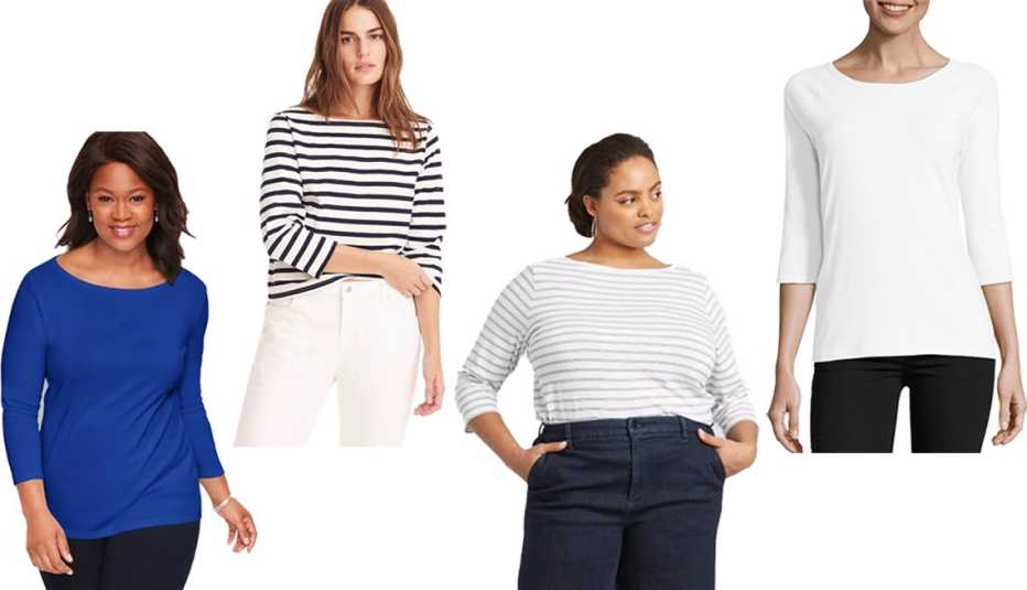 Talbots Cotton Bateau Neck Tee in Maliblue J Crew Structured Boatneck T Shirt in Stripe in Icon Stripe Khaki Navy A New Day Womens Plus Size 3/4 Sleeve Boat Neck T Shirt Hanes Women Stretch Cotton Raglan 3/4 Sleeve Tee