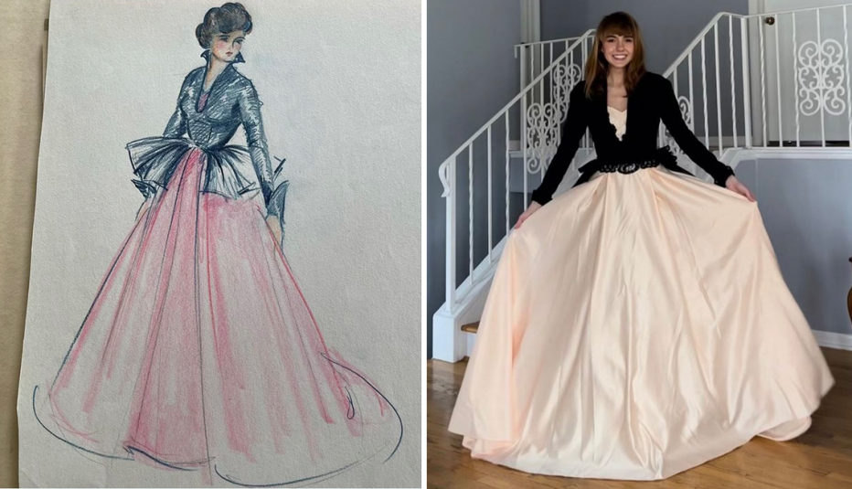 A 1940s sketch of a dress and a woman wearing a dress that was created and inspired by that sketch
