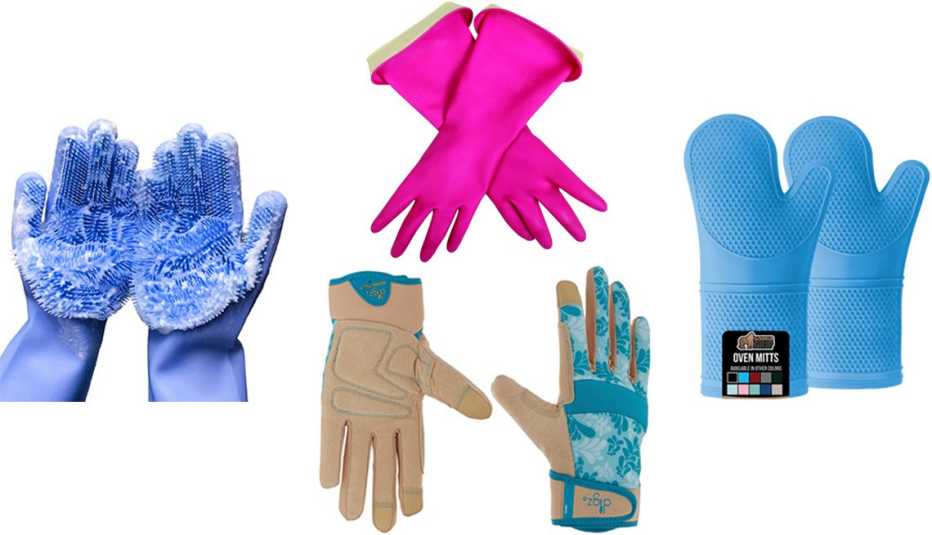 Forliver Cleaning Sponge Gloves in Blue; Casabella Premium Waterblock Gloves in Pink; Gorilla Grip Premium Silicone Oven Mitts in True Aqua; Digz Garden﻿er High Performance Women’s Gardening and Work Gloves ﻿With Touch Screen ﻿Compatible Fingertips in Blu