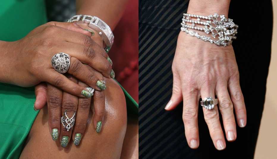 Side by side images of closeup views of the hands of actresses Vivica A. Fox and Demi Moore