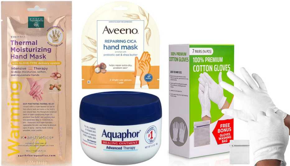 Earth Therapeutics Warming Thermal Moisturizing Hand Mask; Aveeno Repairing Cica Hand Mask with Prebiotic Oat & Shea Butter; Aquaphor Healing Ointment; Gaxcoo White Cotton Gloves for Overnight Moisturizing