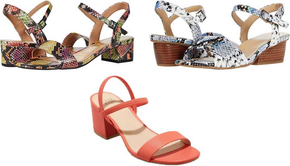 Circus by Sam Edelman Ibis in Bright Multi Snake; Naturalizer Traci in Light Blue Snake; A New Day Women’s Eloise Heels in coral