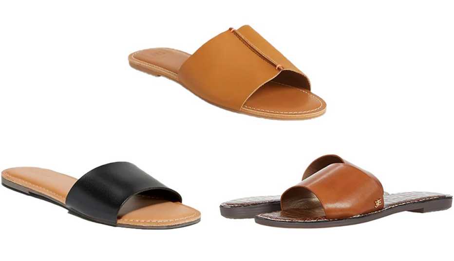 Old Navy Faux-Leather Slide Sandals for Women in Black Jack; Gap Leather Slides in Brown Cognac; Sam Edelman Genesis in Saddle Atanado Leather