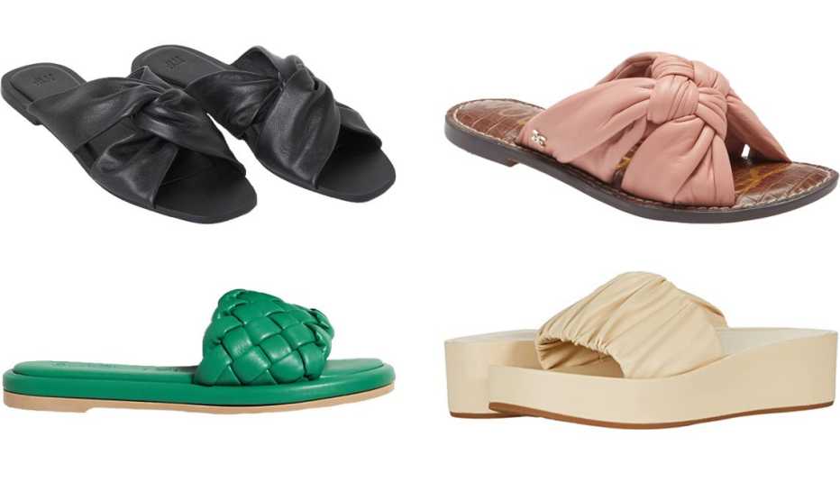 H&M Leather Slides in black; Sam Edelman Garson Slide Sandal in Cali Rose; Aerosoles Dada in Off-White; Seychelles Puffy Woven Slide Sandals in green